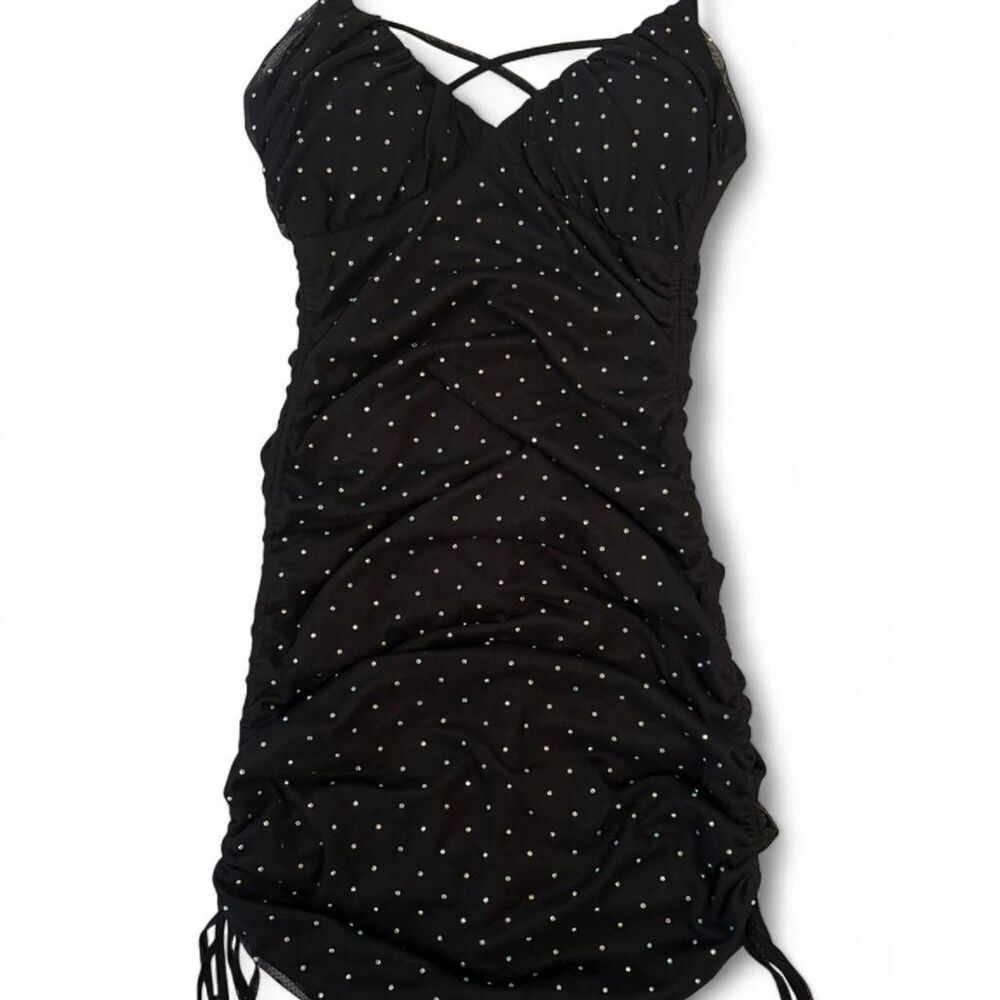 Windsor Black Mesh Rhinestone Ruched Mini Dress  Size M